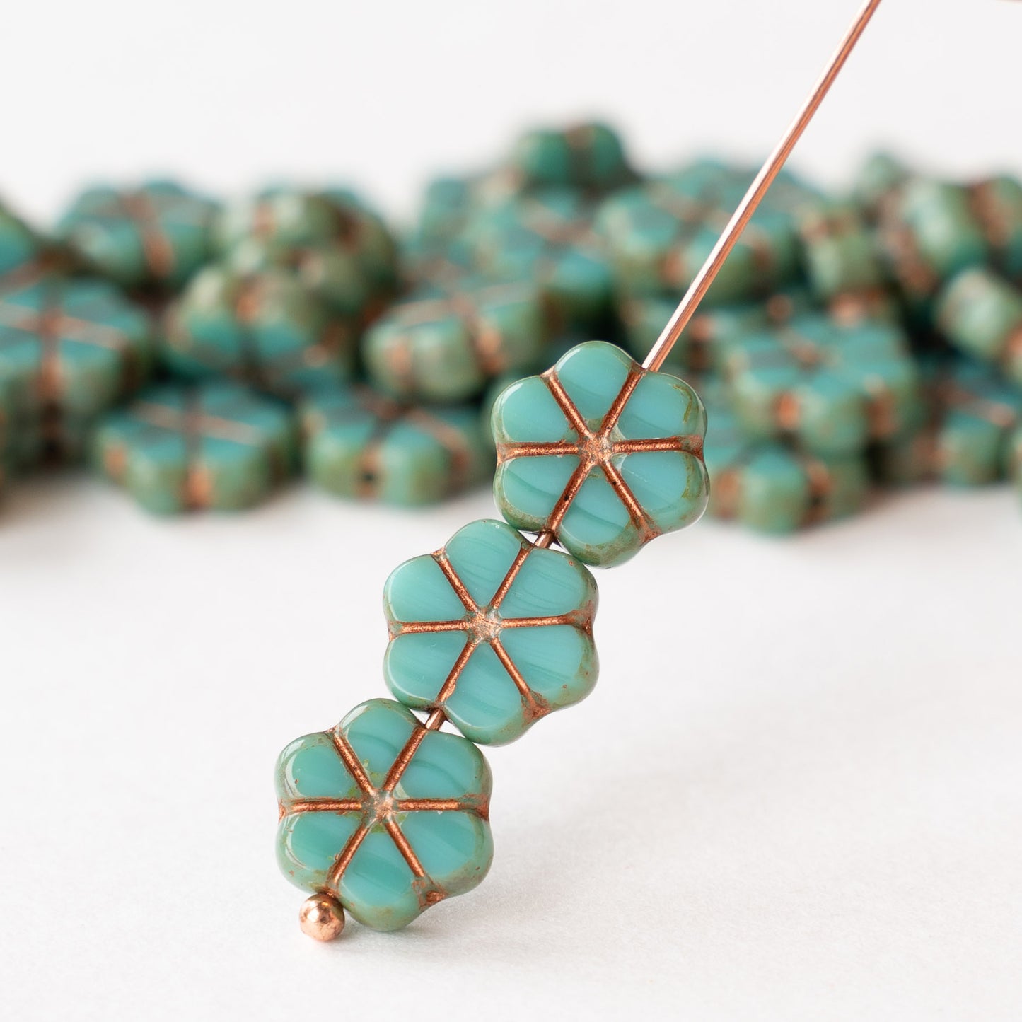 10mm Forget Me Not Flower Beads - Turquoise With Copper Wash - 10 Beads