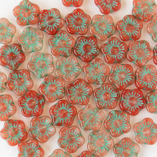 10mm Glass Flower Beads - Watermelon - 20 beads