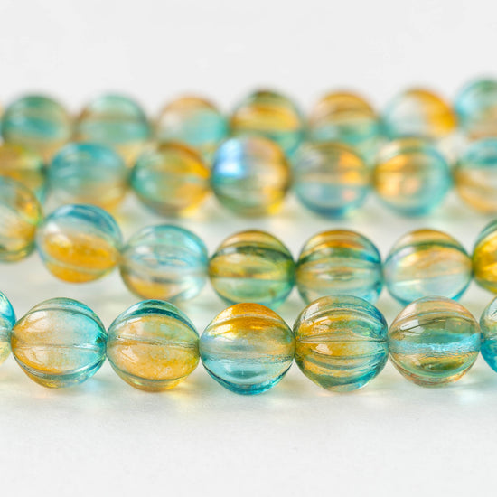 10mm Melon Bead - Teal Amber Mix - 25 Beads