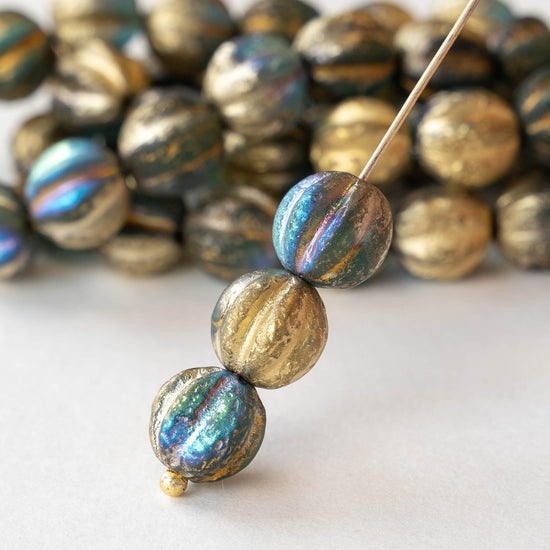 10mm Faceted Melon Beads - Teal with Gold - 15