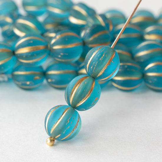 10mm Melon Beads - Matte Turquoise with Gold - 15