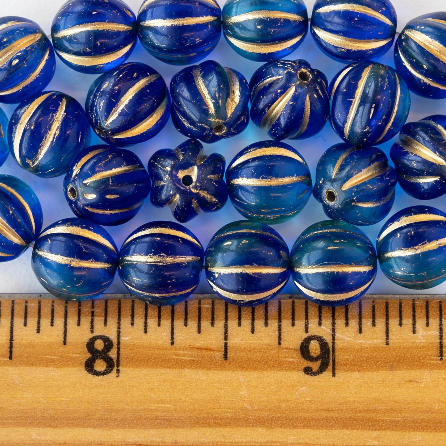 Load image into Gallery viewer, 10mm Melon Beads -  Sapphire Blue with Gold Wash - 15 Beads
