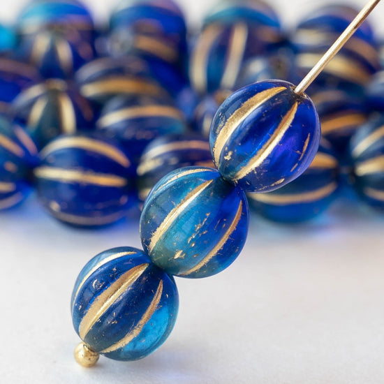 Load image into Gallery viewer, 10mm Melon Beads -  Sapphire Blue with Gold Wash - 15 Beads
