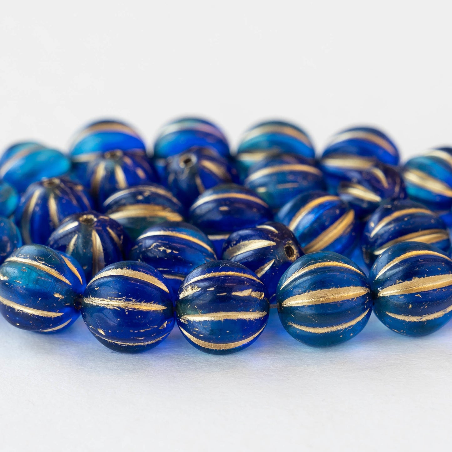 10mm Melon Beads -  Sapphire Blue with Gold Wash - 15 Beads