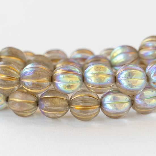 10mm Melon Beads -  Transparent AB Finish with Gold Wash  - 15 Beads