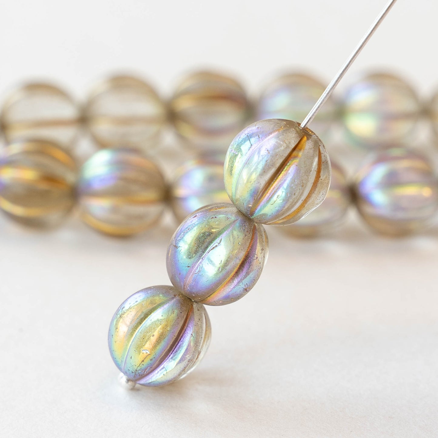 10mm Melon Beads -  Transparent AB Finish with Gold Wash  - 15 Beads