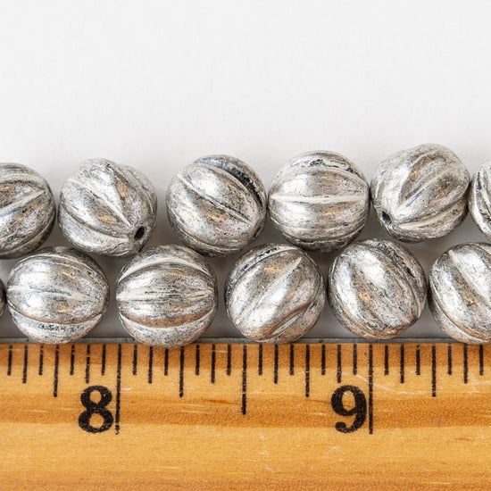 10mm Melon Beads - Antiqued Silver - 15 Beads