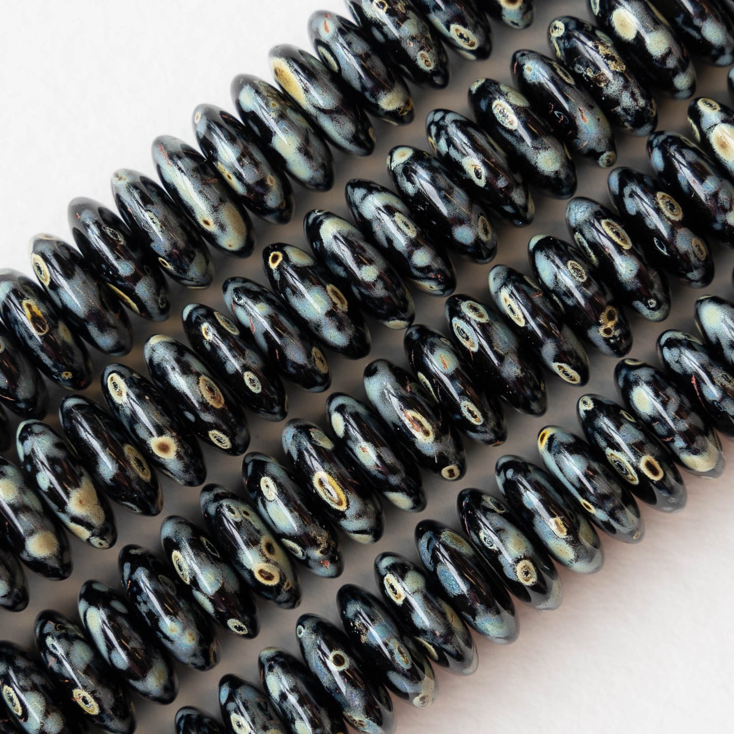 9.5mm Rondelle Beads - Opaque Black Picasso - 30