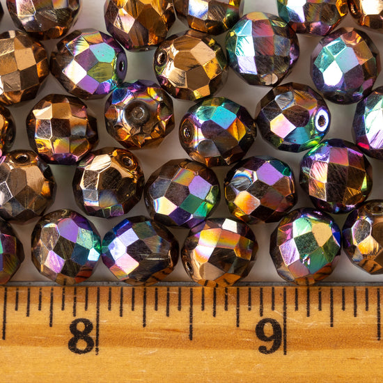 10mm Firepolished Round Glass Beads - Bronze and Gold Iris - 20 beads