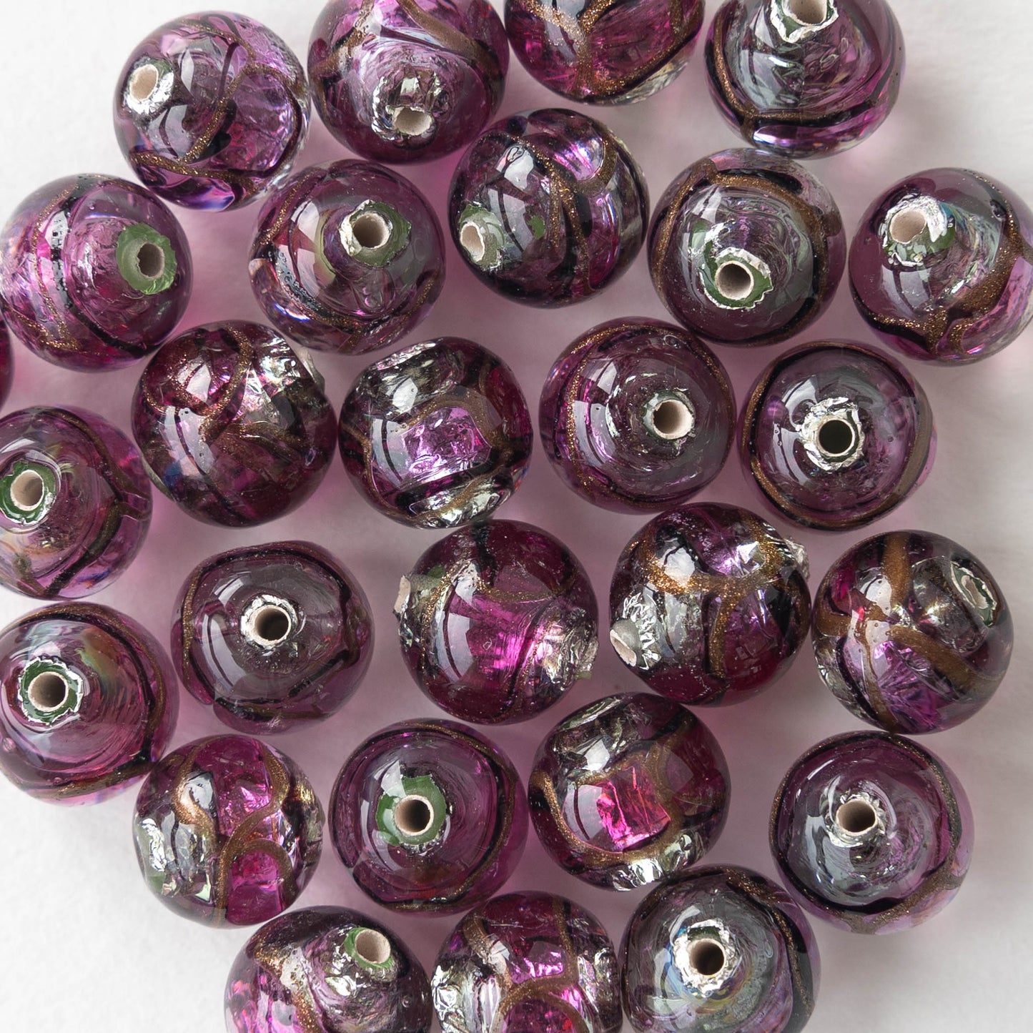 Load image into Gallery viewer, 10mm Lampwork Foil Beads - Violet and Peridot - 2, 6 or 12
