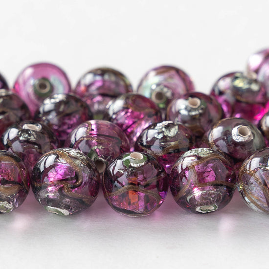 10mm Lampwork Foil Beads - Violet and Peridot - 2, 6 or 12