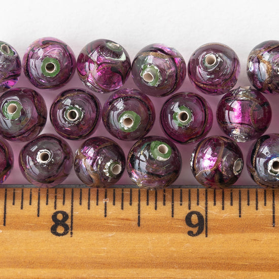 10mm Lampwork Foil Beads - Violet and Peridot - 2, 6 or 12