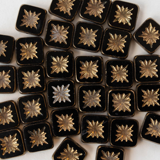 10mm Glass Tile Beads - Opaque Black with Gold Wash - 10 or 30