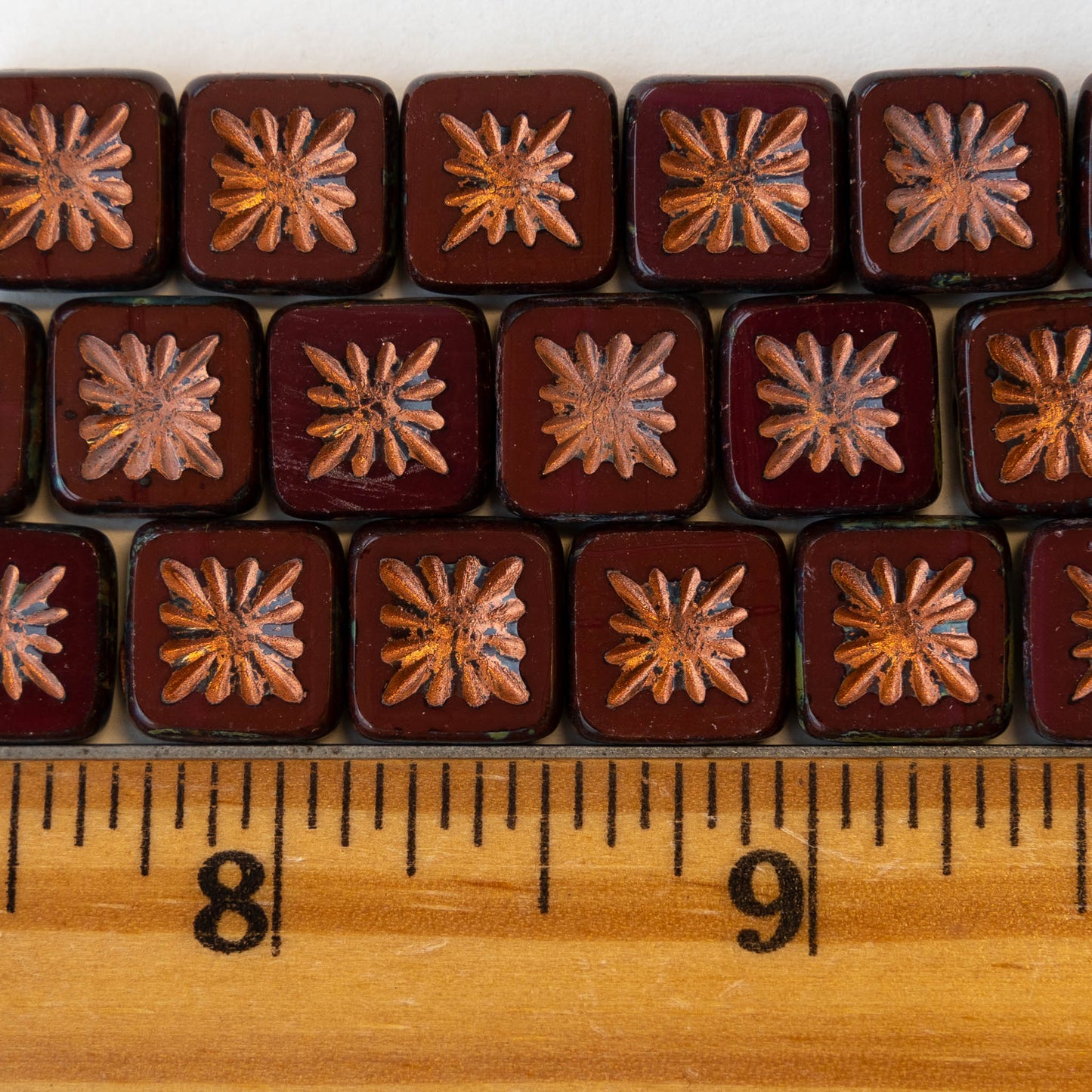 10mm Glass Tile Beads - Deep Maroon Red with Copper Wash - 10 or 30