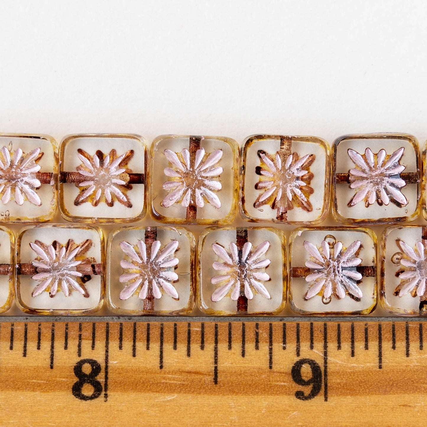 10mm Glass Tile Beads - Crystal with Light Pink Wash - 10 or 30