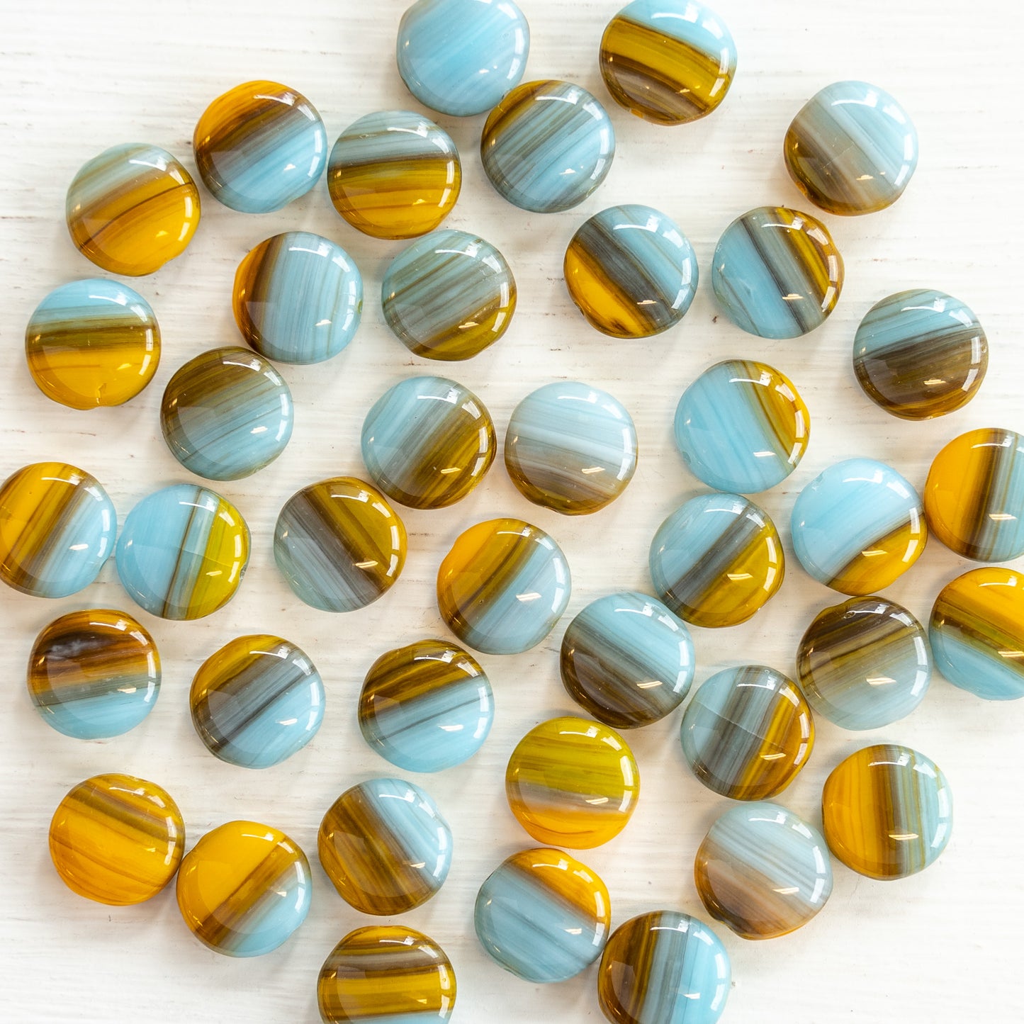 10mm Glass Coin Beads - Opaque Mixed Aqua & Ochre - 25 Beads