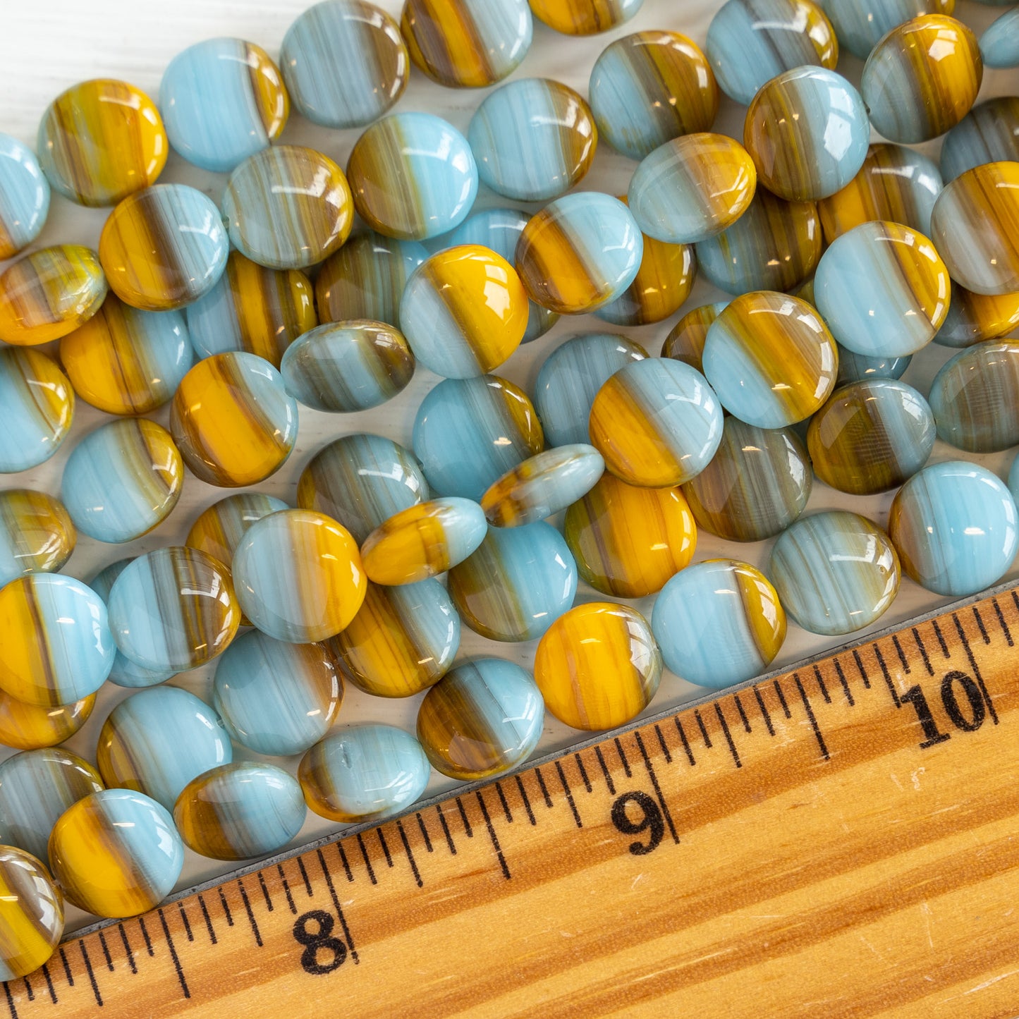 10mm Glass Coin Beads - Opaque Mixed Aqua & Ochre - 25 Beads