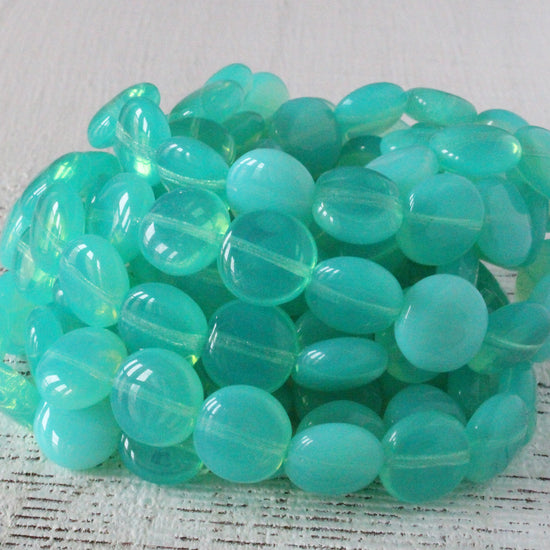 10mm Glass Coin Beads - Seafoam Opaline - 15 Beads