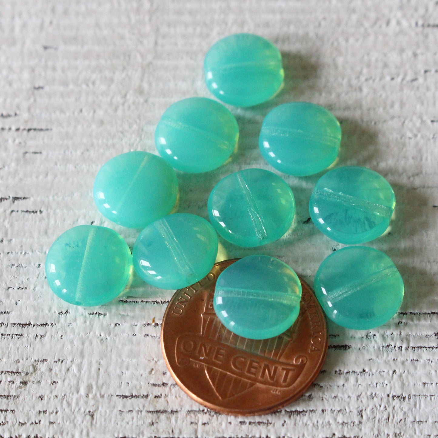 10mm Glass Coin Beads - Seafoam Opaline - 15 Beads