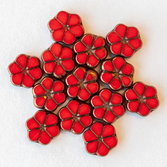10mm Forget Me Not Flower Beads - Opaque Red with Bronze Wash - 10 Beads