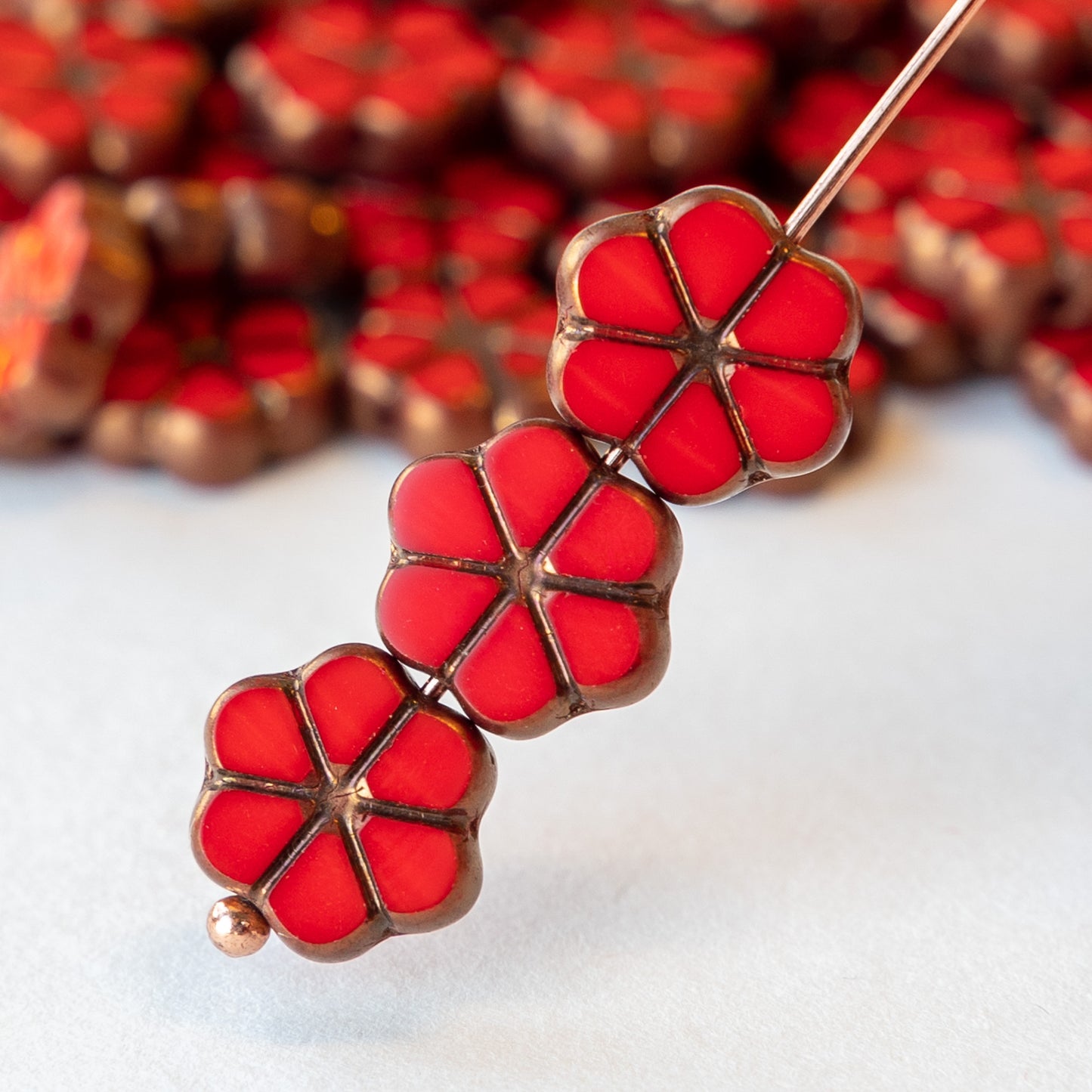 10mm Forget Me Not Flower Beads - Opaque Red with Bronze Wash - 10 Beads