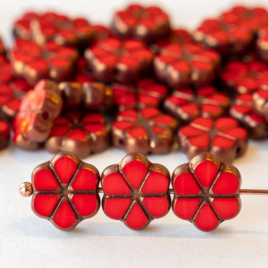 10mm Forget Me Not Flower Beads - Opaque Red with Bronze Wash - 10 Beads