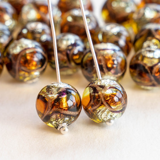 10mm Handmade Lampwork Foil Beads - Amber - 2, 6 or 12