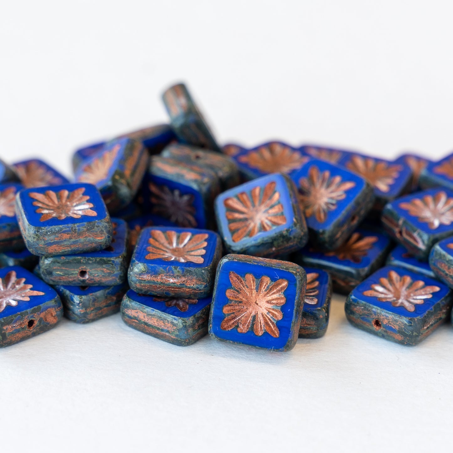 10mm Glass Tile Beads - Blue with Copper Wash - 10