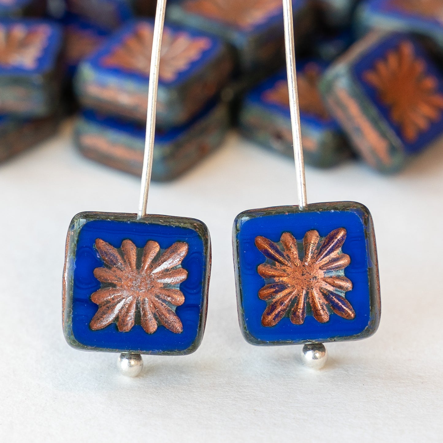 10mm Glass Tile Beads - Blue with Copper Wash - 10