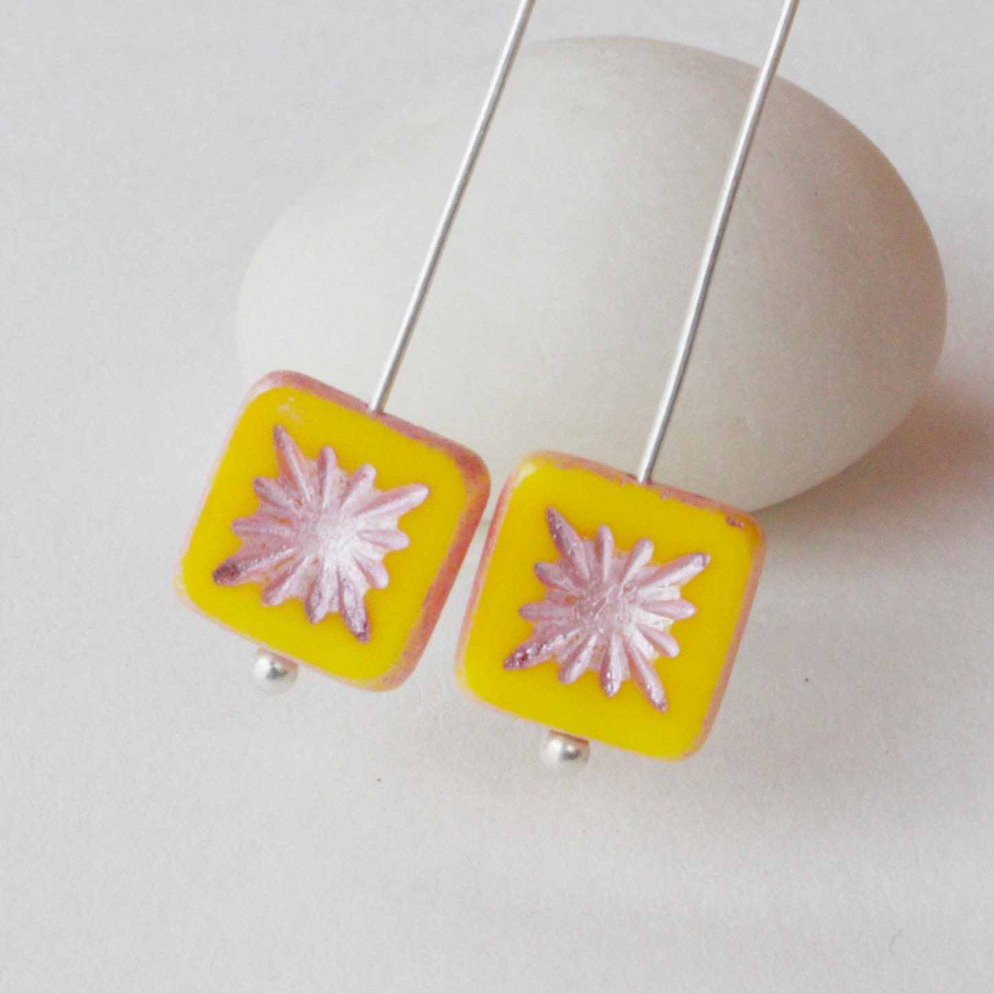 10mm Glass Tile Beads - Yellow with Pink Wash - 10 or 30