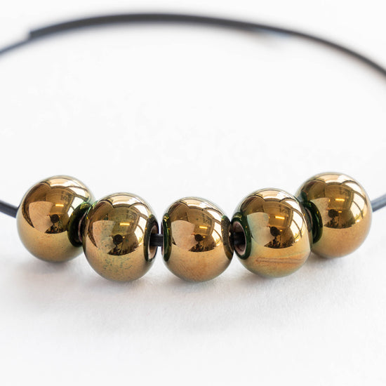 10x12mm Shiny Glazed Ceramic Rondelle Beads - Gold & Forest Green