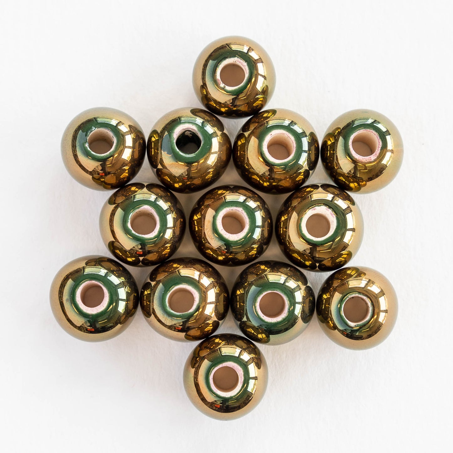 10x12mm Shiny Glazed Ceramic Rondelle Beads - Gold & Forest Green