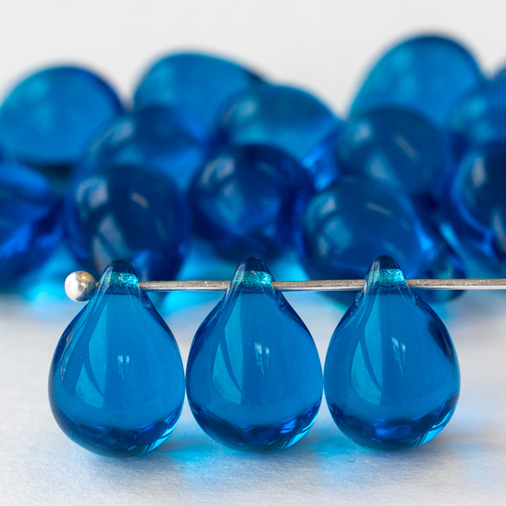 Faceted Vertical Teardrop Beads Czech Glass Firepolish LUSTER TRANSPARENT  BLUE 7x5mm (25pcs)