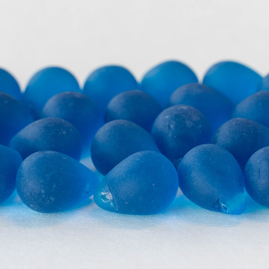 10x14mm Glass Teardrop Beads - Deep Azure Blue Matte - Choose Amount