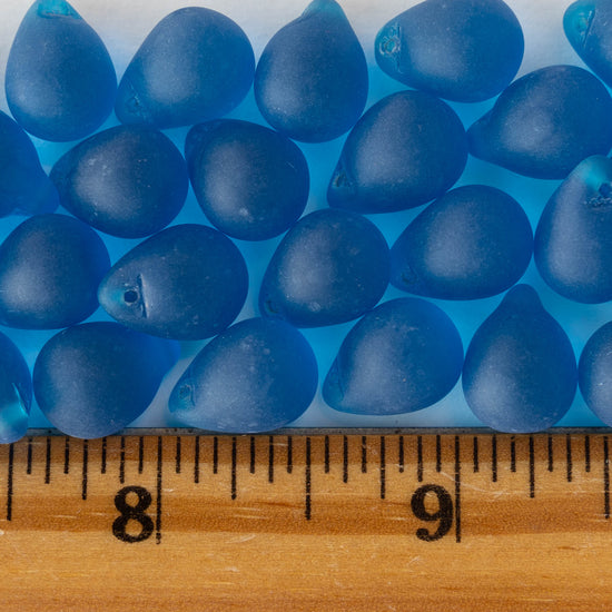 10x14mm Glass Teardrop Beads - Deep Azure Blue Matte - Choose Amount