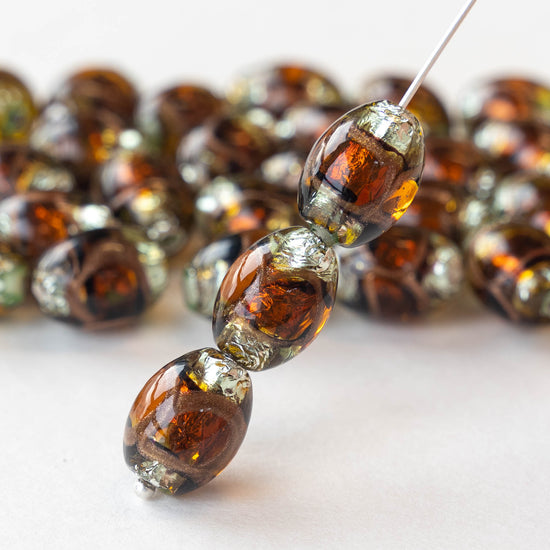 10x15mm Handmade Oval Lampwork Foil Beads - Amber Peridot - 2,4 or 8