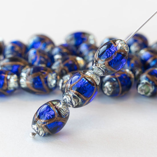 10x15mm Handmade Oval Lampwork Foil Beads - Cobalt Blue - 2,4 or 8