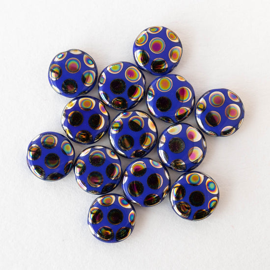11mm Glass Coin - Blue With Peacock Finish - 4 beads