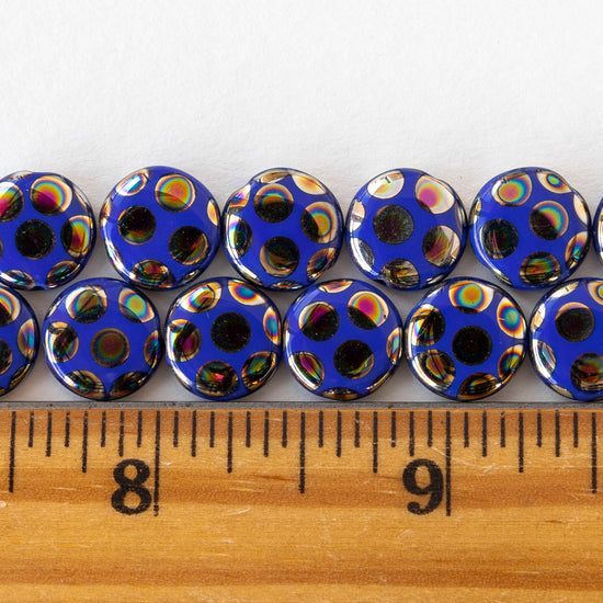 11mm Glass Coin - Blue With Peacock Finish - 4 beads