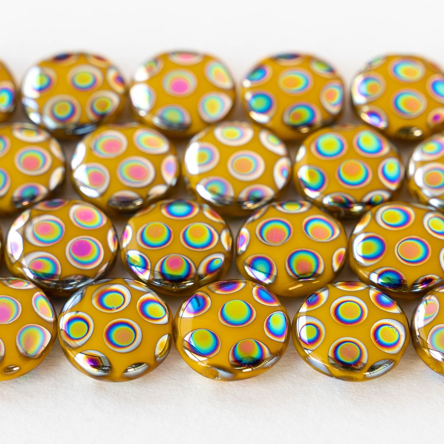 11mm Glass Coin - Yellow With Peacock Finish - 4 beads