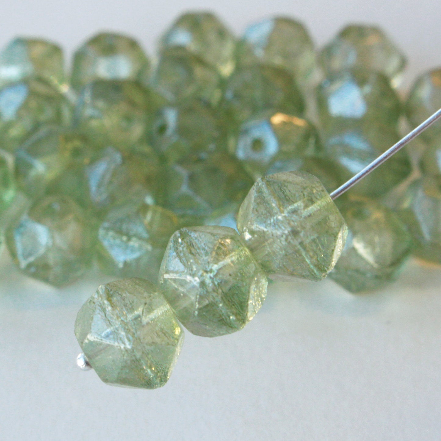 11mm English Cut Beads - Celadon Green with Silver Luster - 10