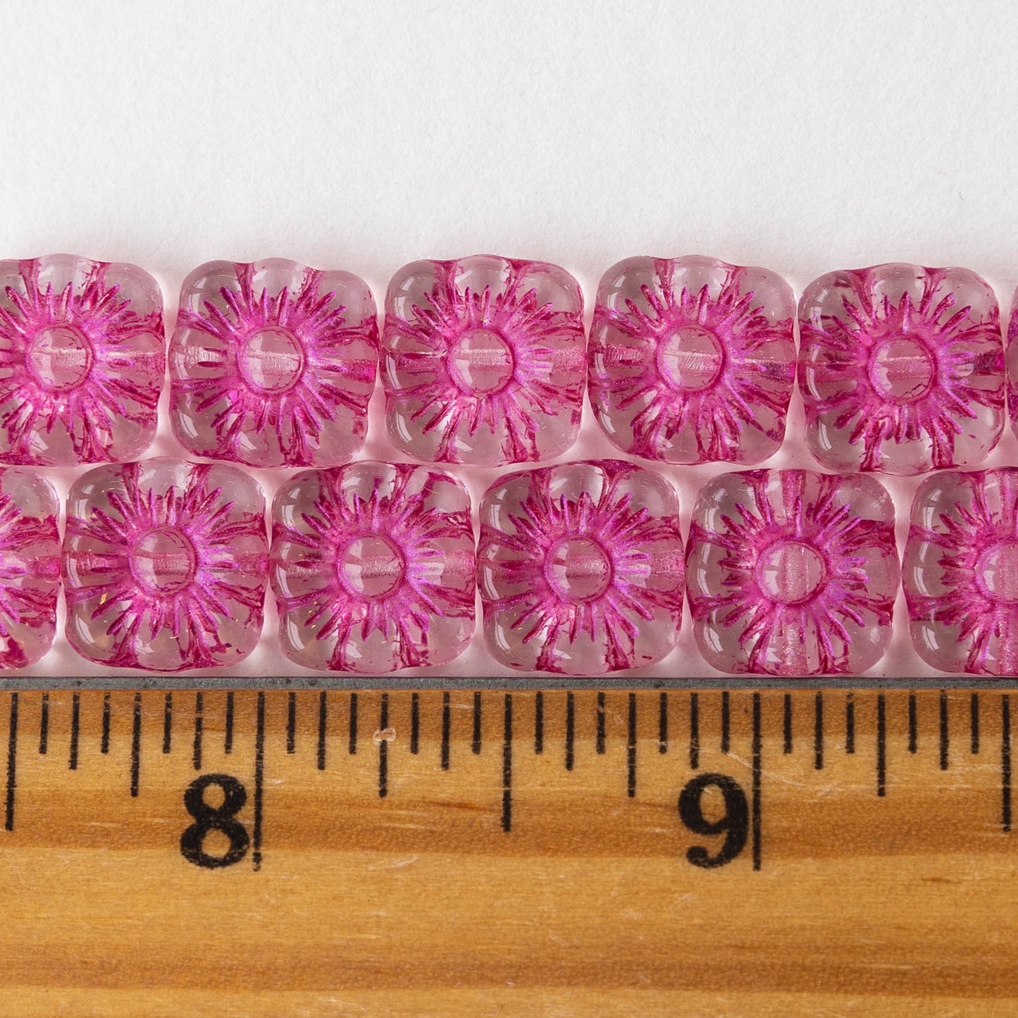 11mm Glass Flower Beads - Crystal with Pink - 20 beads