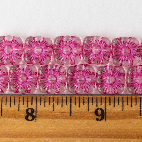 11mm Glass Flower Beads - Crystal with Pink - 20 beads