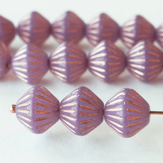 Load image into Gallery viewer, 11mm Glass Bi-cone - Lavender with Copper Wash - 15 beads
