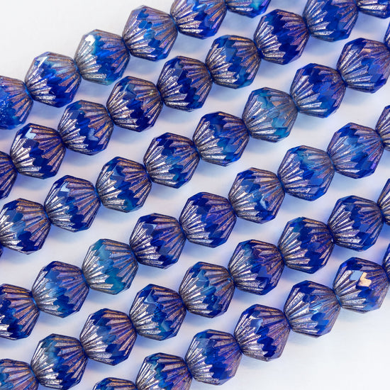 11mm Glass Bicone Beads - Blue with Bronze Wash - 12 Beads