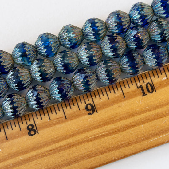 11mm Glass Bicone Beads - Blue with Picasso Finish - 12 Beads