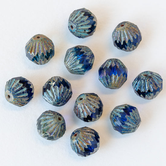 Load image into Gallery viewer, 11mm Glass Bicone Beads - Blue with Picasso Finish - 12 Beads
