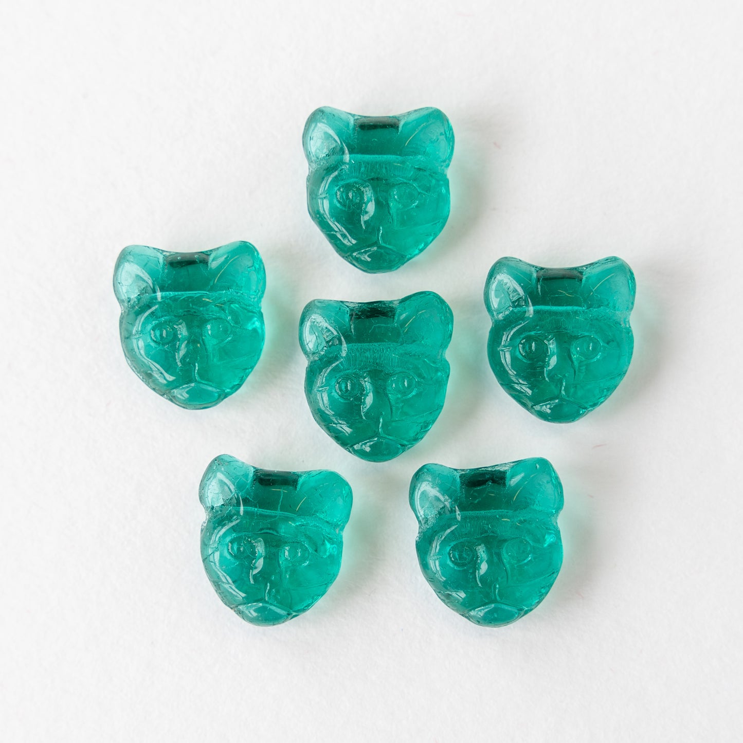 11mm Glass Cat Beads - Transparent Emerald Green - 11 Beads