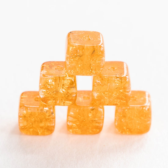 9x11mm Glass Cube Beads - Light Amber Crackle - 30 Beads