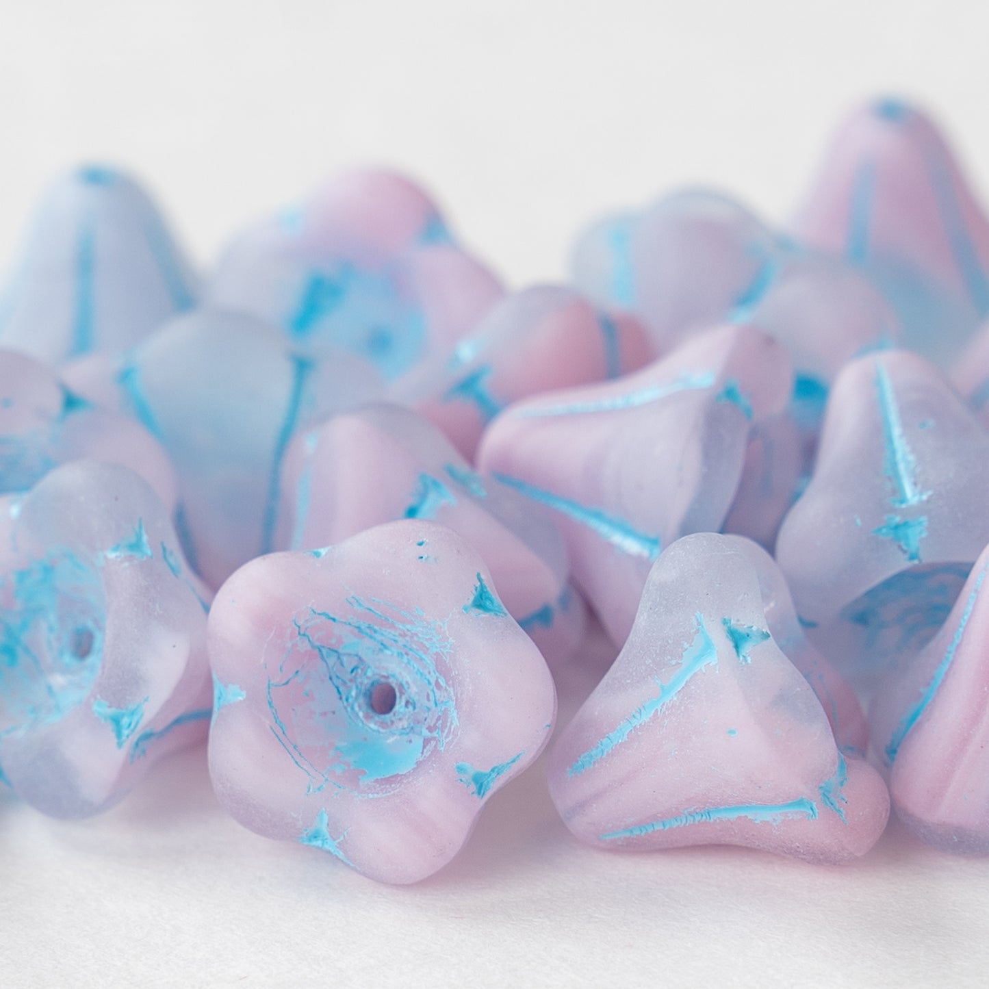 10x12mm Trumpet Flower Beads - Pink Matte with Blue Wash - 10 or 30